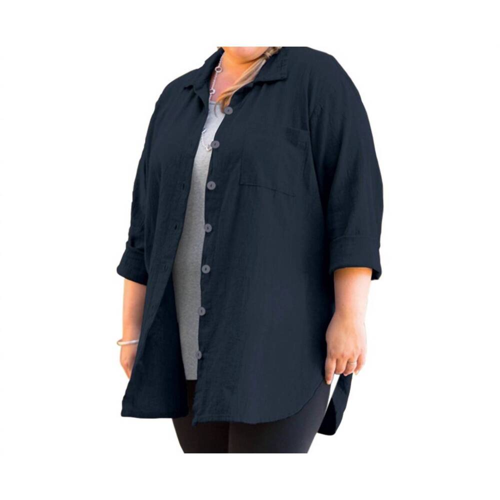 NEW ON THE PLUS SIDE long sleeve collar button up shirt - plus size in marine na